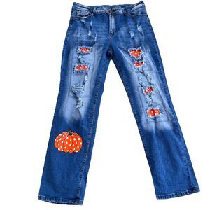 Women’s XXL Distressed Halloween Jeans Pumpkin Patch Polka Dot Frayed Denim Blue